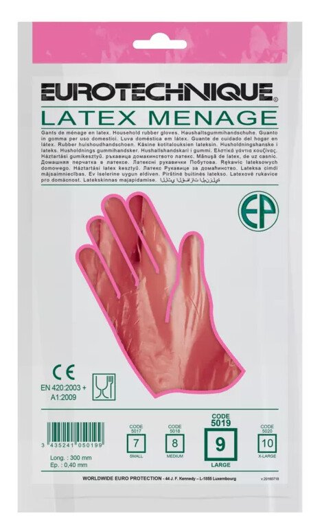 10 paires de Gants de ménage en latex rose EUROPROTECTION - Taille: 9