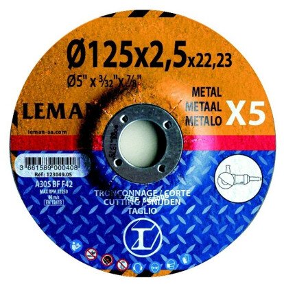 5 disques à tronçonner métal D. 125 x Al. 22,23 x Ep. 2,5 mm